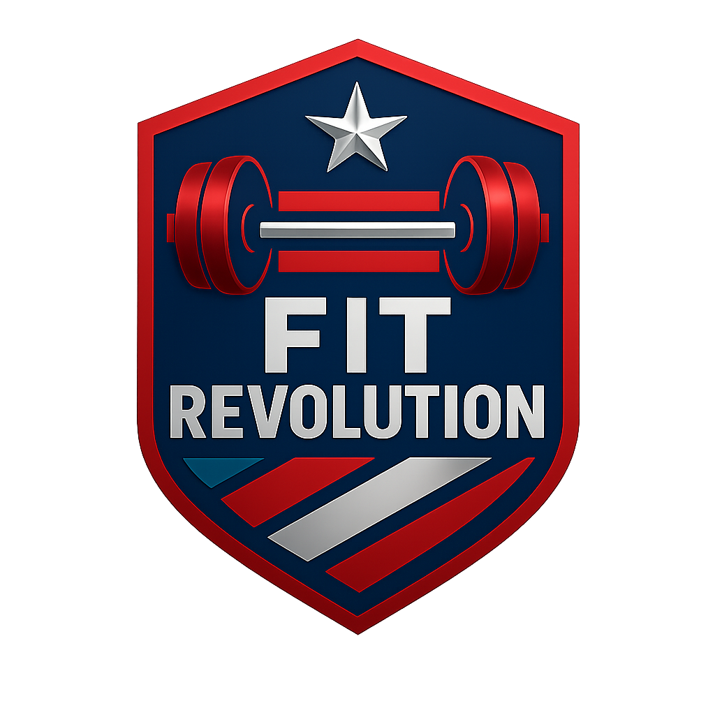 Logo of Fit Revolution with a barbell and star design on a blue background