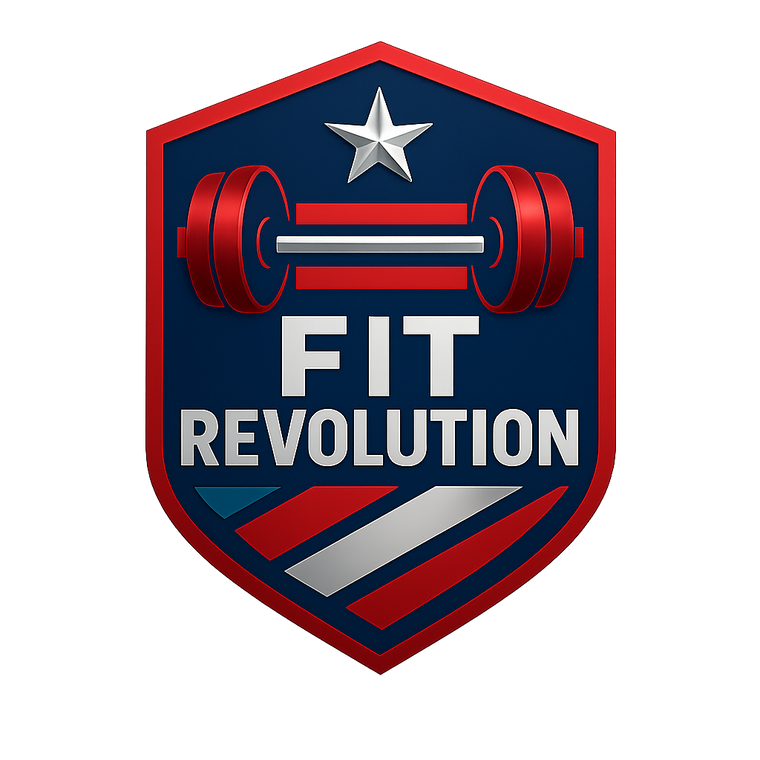 Logo of Fit Revolution with a barbell and star design on a blue background