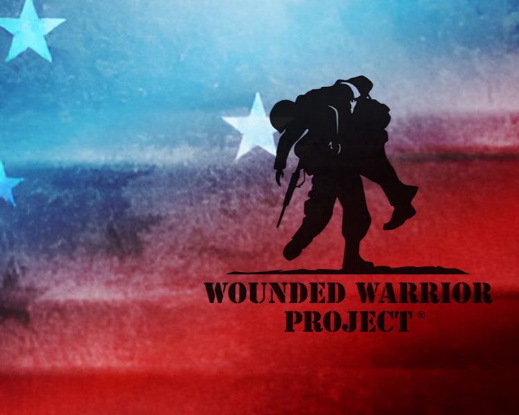 Wounded Warrior Project logo with silhouette of a soldier on an American flag background